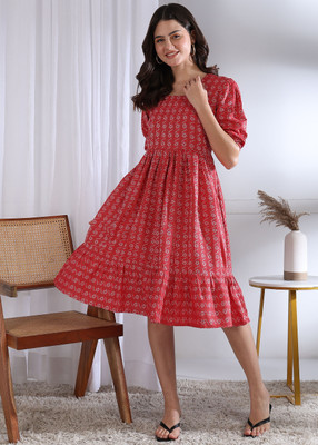 Moda Rapido Women Fit and Flare Red Below Knee Dress