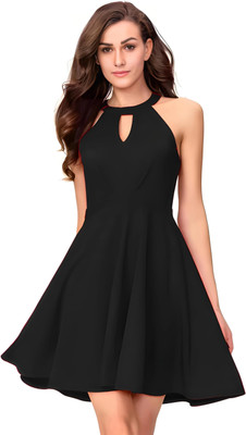 SHCON Women Fit and Flare Black Above Knee/Mid Thigh Length Dress