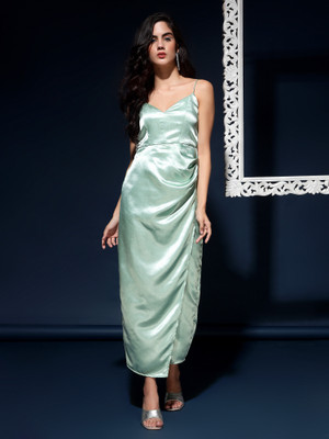 DRAPE AND DAZZLE Women Ruffled Light Green Midi/Calf Length Dress