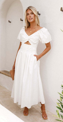 OUTZIDR Women A-line White Below Knee Dress