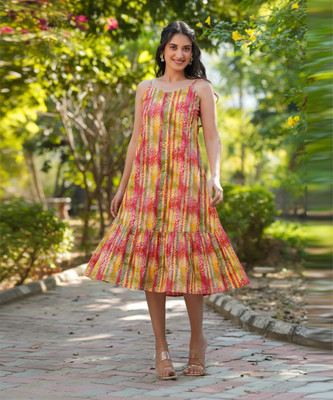 Janasya Women Tiered Multicolor Midi/Calf Length Dress