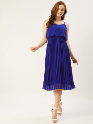 SLENOR Women A-line Blue Midi/Calf Length Dress