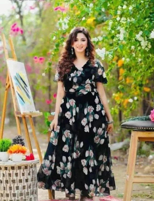 Herway Women Fit and Flare Black Maxi/Full Length Dress