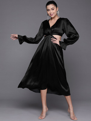 SASSAFRAS Women A-line Black Midi/Calf Length Dress