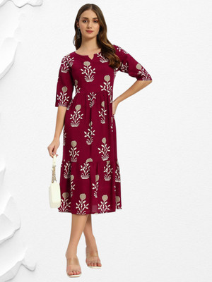 ASHRU Women Ethnic Dress Maroon Knee Length Dress