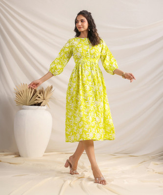 Janasya Women Gathered White, Light Green Midi/Calf Length Dress