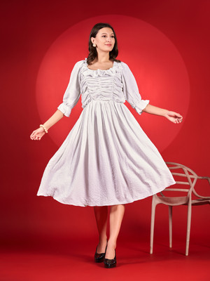 HouseOfCommon Women Fit and Flare White Midi/Calf Length Dress