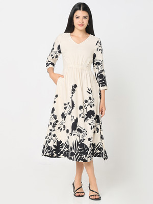 R&B Women Fit and Flare Beige Below Knee Dress