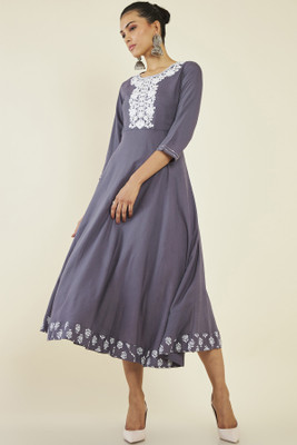 soch Women A-line Grey, White Midi/Calf Length Dress