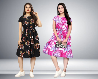 HouseOfCommon Women A-line Black, Pink Knee Length Dress