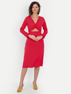 MINGLAY Women A-line Red Midi/Calf Length Dress