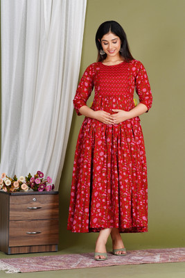 METRONAUT Women Fit and Flare Red Midi/Calf Length Dress