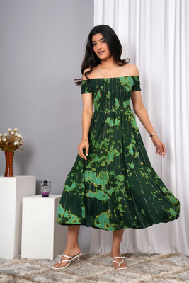 VYMO Women Fit and Flare Green Midi/Calf Length Dress