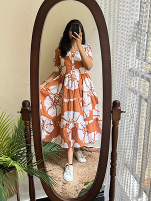 VCJ CREATION Women Gown Orange Midi/Calf Length Dress