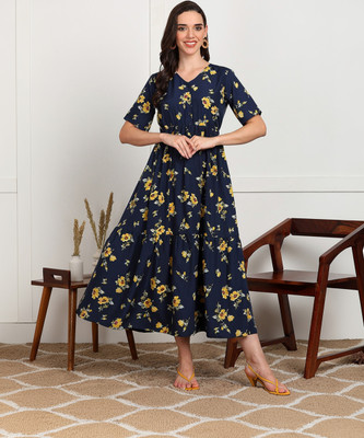 FashFun Women Fit and Flare Blue Maxi/Full Length Dress