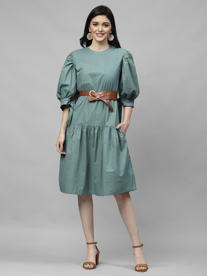 Mayffei Women A-line Green Midi/Calf Length Dress