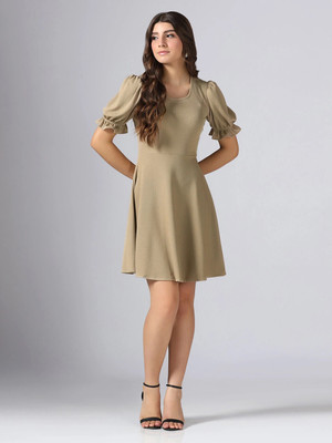 Dwarros Women A-line Beige Above Knee/Mid Thigh Length Dress