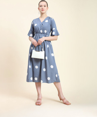 Deshi Girl Women A-line Grey, White Midi/Calf Length Dress