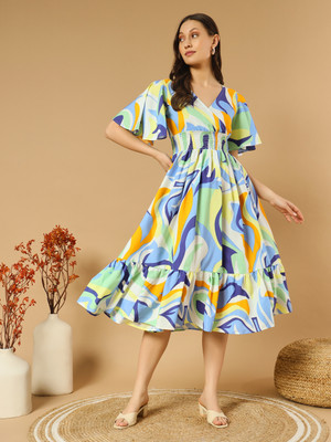 ZWERLON Women A-line Dark Blue Midi/Calf Length Dress