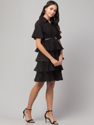 O Madam Women Fit and Flare Black Knee Length Dress