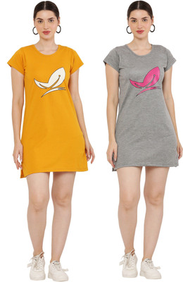 HouseOfCommon Women T Shirt Grey, Yellow Above Knee/Mid Thigh Length Dress