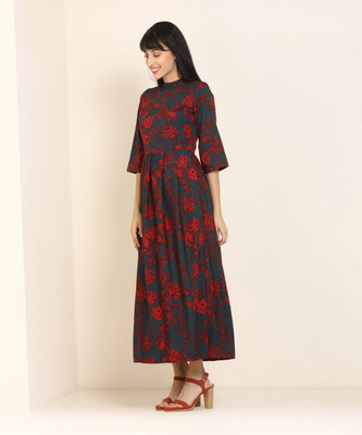 Tokyo Talkies Women Fit and Flare Dark Green, Red Midi/Calf Length Dress