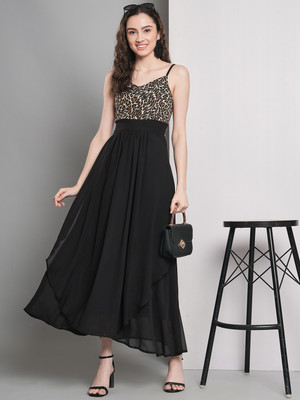 Emeros Women Gathered Black, Brown, Beige Maxi/Full Length Dress