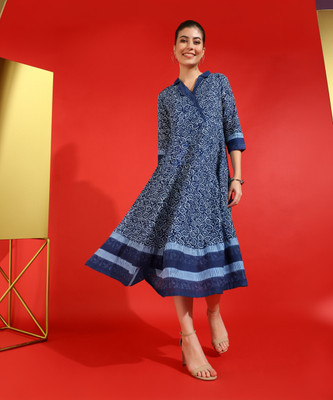 Yash Gallery Women Ethnic Dress Blue Midi/Calf Length Dress