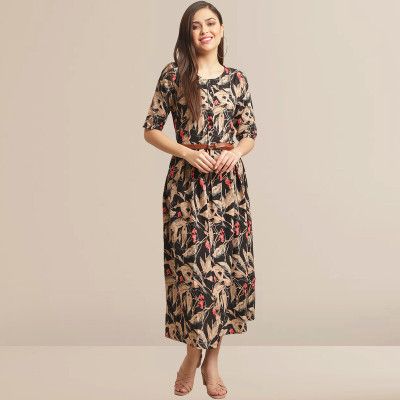 METRONAUT Women A-line Black, Beige, Red Midi/Calf Length Dress