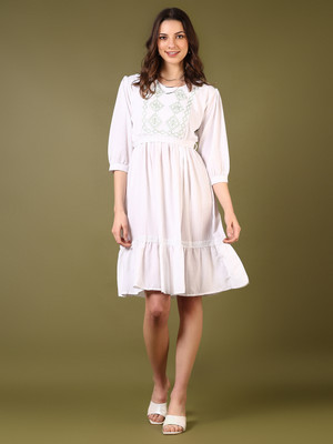 V-MART Women A-line White Above Knee/Mid Thigh Length Dress