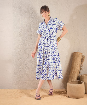 SASSAFRAS Women Tiered Dark Blue Below Knee Dress