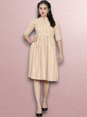 Rangrasiyt Women A-line Beige Knee Length Dress