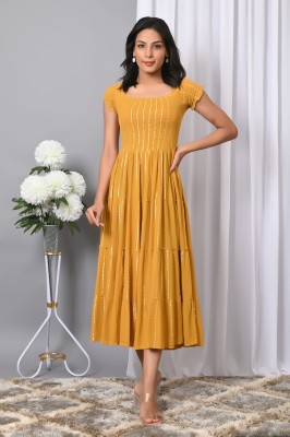 VYMO Women Fit and Flare Yellow Dress