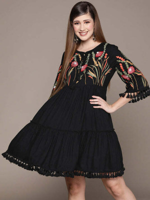 weaRial Women A-line Black Above Knee/Mid Thigh Length Dress