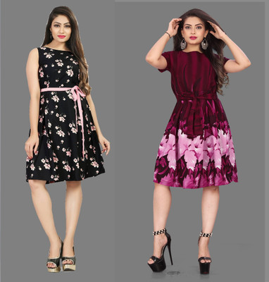 Hiral Creation Women Fit and Flare Pink Knee Length Dress