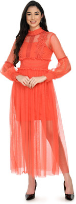 AllenQueen Women A-line Orange Midi/Calf Length Dress