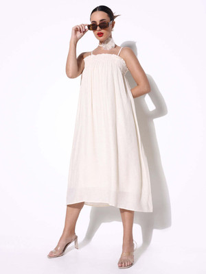SHOWOFFFF Women A-line Beige Midi/Calf Length Dress