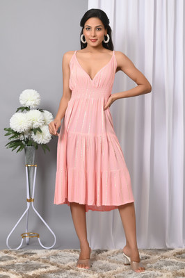 VYMO Women Fit and Flare Pink Below Knee Dress