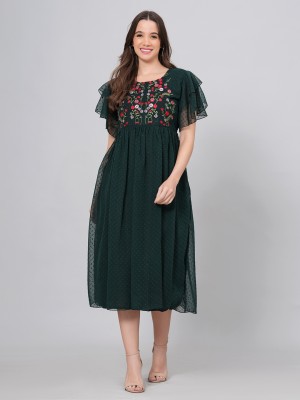 Highlight fashion export Women Fit and Flare Dark Green Dress