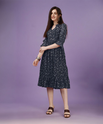Fashion2wear Women Fit and Flare Dark Blue Midi/Calf Length Dress