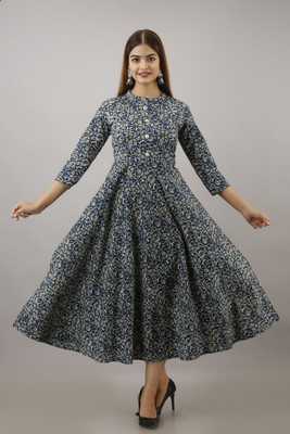 Kurtiking Women Floral Print Flared Kurta(Blue)