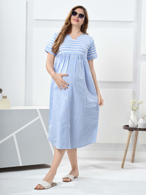 EASYMOM Women Fit and Flare Light Blue Ankle Length Dress