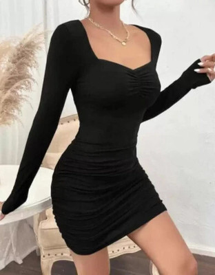 shoptowear Women Bodycon Black Above Knee/Mid Thigh Length Dress