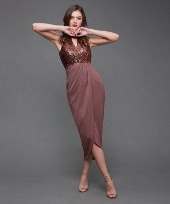 Miss Chase Women Asymmetric Brown Midi/Calf Length Dress