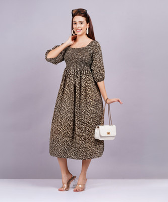 Highlight fashion export Women Fit and Flare Brown Midi/Calf Length Dress