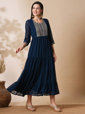 Globus Women Fit and Flare Dark Green Maxi/Full Length Dress