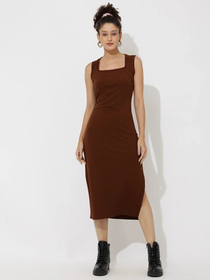 AA-HA! Women Bodycon Brown Below Knee Dress