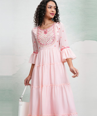 Vishudh Women A-line Orange Maxi/Full Length Dress