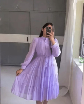 Deshi Look Women Fit and Flare Purple Below Knee Dress