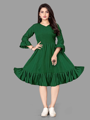 HouseOfCommon Women A-line Green Knee Length Dress